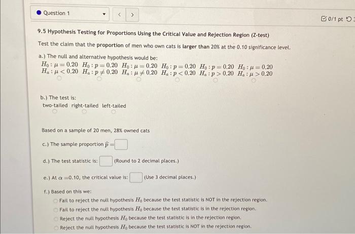 Solved 9.5 Hypothesis Testing for Proportions Using the | Chegg.com