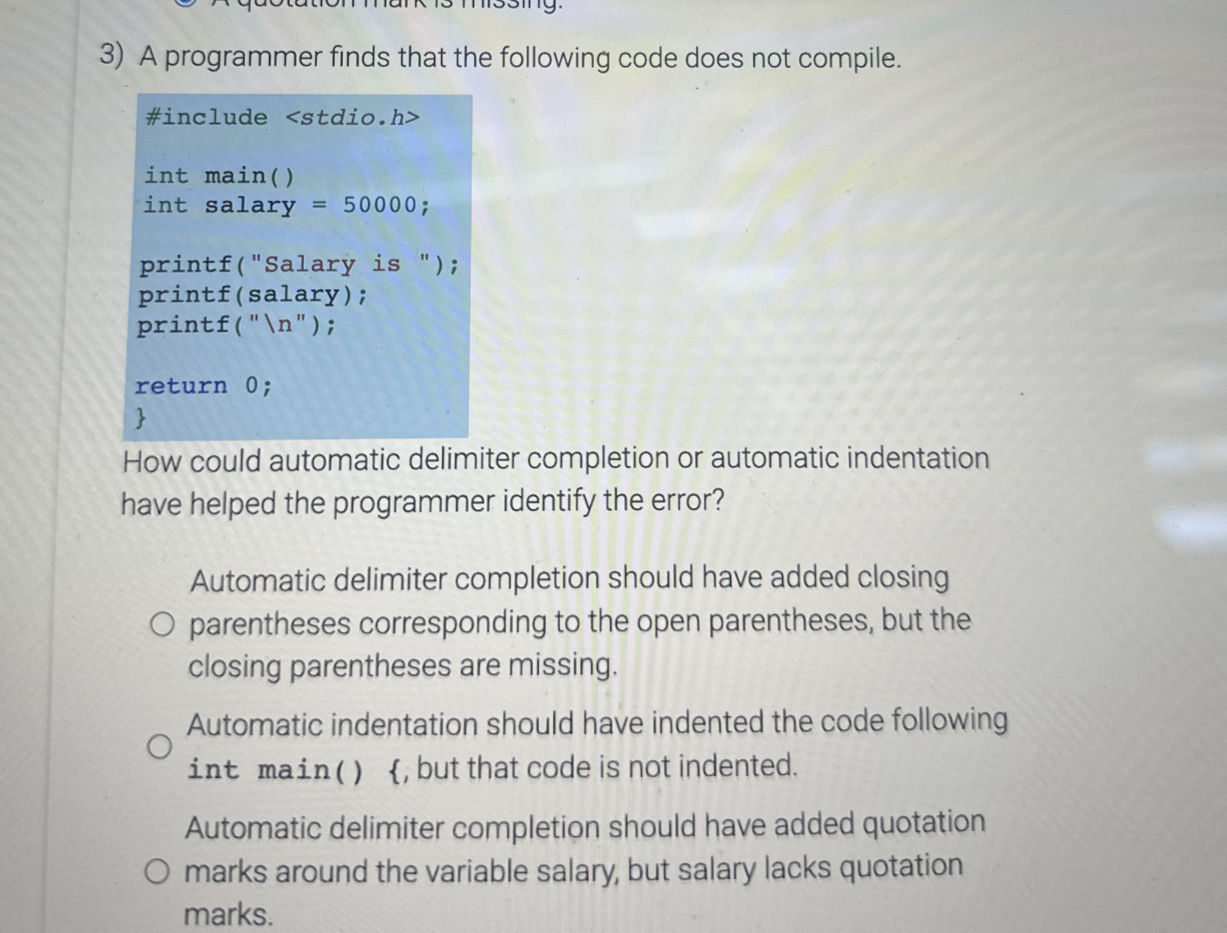Solved A programmer finds that the following code does not | Chegg.com