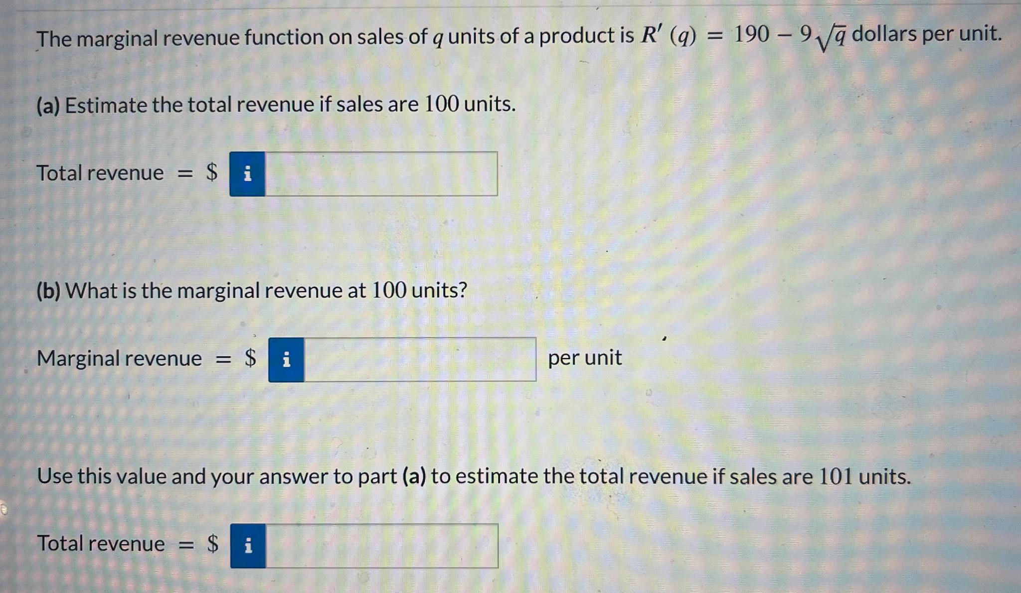 Solved The marginal revenue function on sales of q ﻿units of | Chegg.com