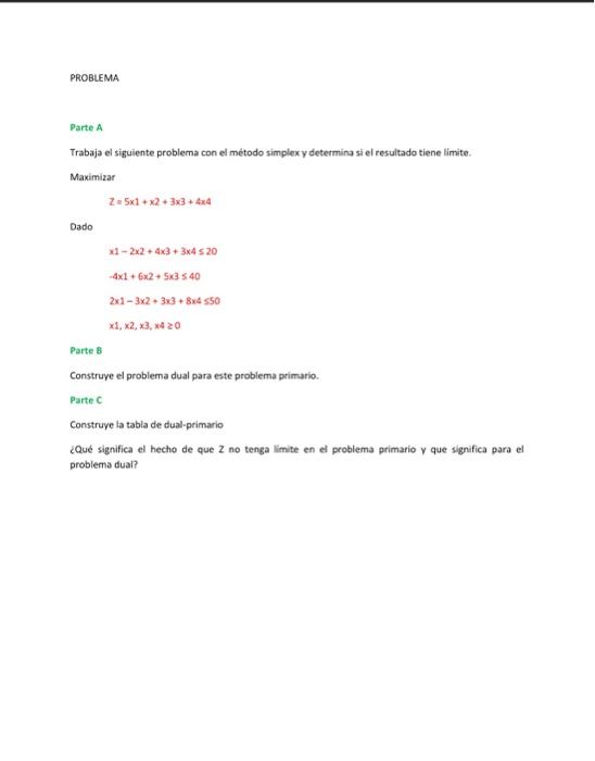 Parte \( A \) Trabaja el siguiente problema con el método simplex y determina si el resultado tiene limite. Maximizar \[ 2=5