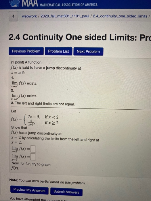 Solved MAA MATHEMATICAL ASSOCIATION OF AMERICA < webwork / | Chegg.com