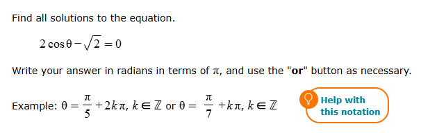 Solved Find all solutions to ﻿the equation.2cosθ-22=0Write | Chegg.com