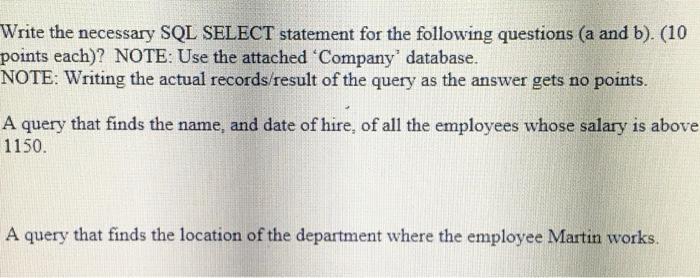 Solved Write the necessary SQL SELECT statement for the | Chegg.com
