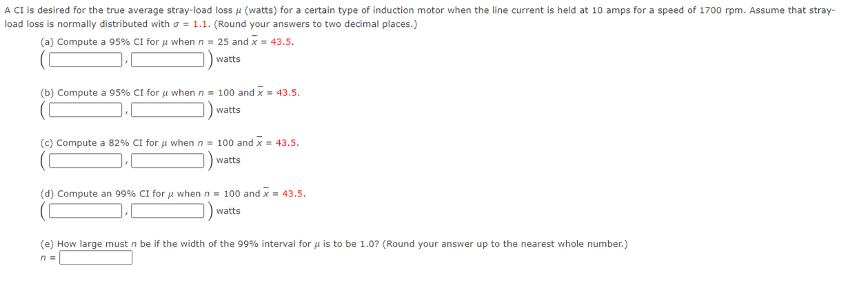 Solved A CI is desired for the true average stray-load loss | Chegg.com