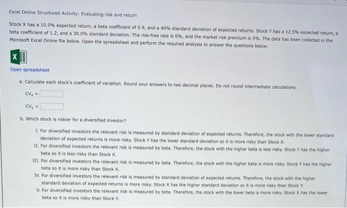 Solved Excel Online Structured Activity: Evaluating risk and | Chegg.com
