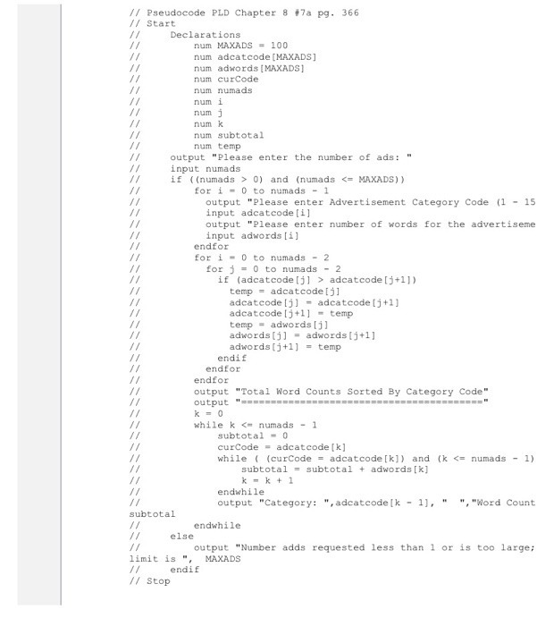 Solved // Pseudocode PLD Chapter 8 +7a pg. 366 // Start | Chegg.com