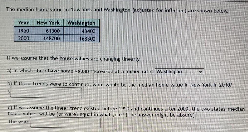 Solved The median home value in New York and Washington