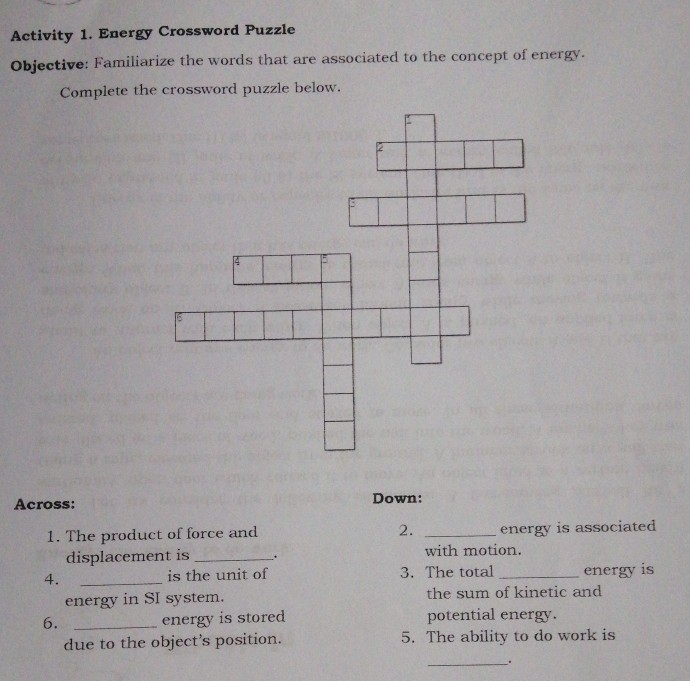 Activity 1 Energy Crossword Puzzle Objective Chegg Com