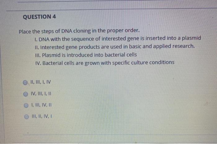 Solved QUESTION 4 Place The Steps Of DNA Cloning In The | Chegg.com