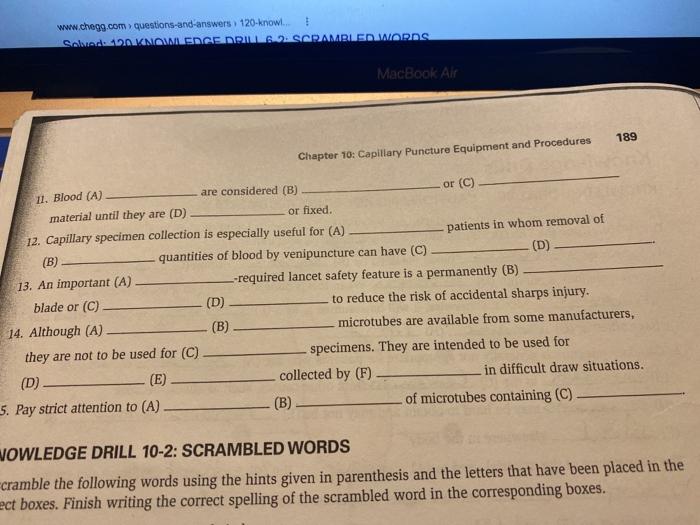 www.chegg.com questions and answers, 120-know.. ! Saludo KNOWLEDGE DRILLS.2. SARAMBLED WORDS MacBook Air 189 Chapter 10: Capi