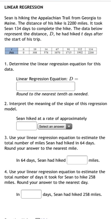 Solved LINEAR REGRESSION Sean is hiking the Appalachian | Chegg.com