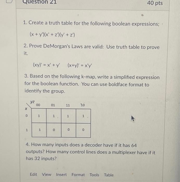 Solved 1. Create a truth table for the following boolean | Chegg.com