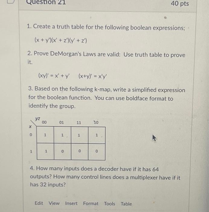 Solved 1. Create A Truth Table For The Following Boolean | Chegg.com