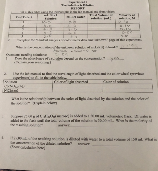 Solved 1. Experiment 7 The Solution is Dilution REPORT Fill