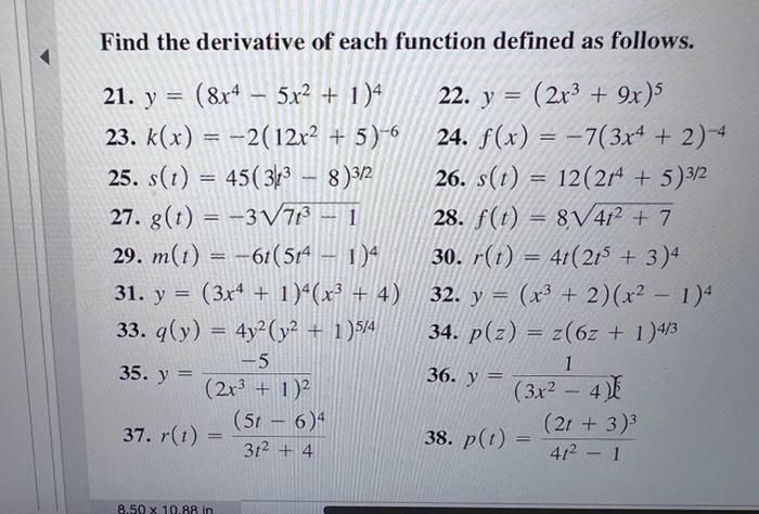 Solved Find the derivative of each function defined as | Chegg.com