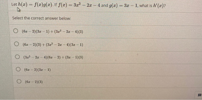 Solved Let H X F X G X If F X 3x 2 2x 4 And G X 3x 1
