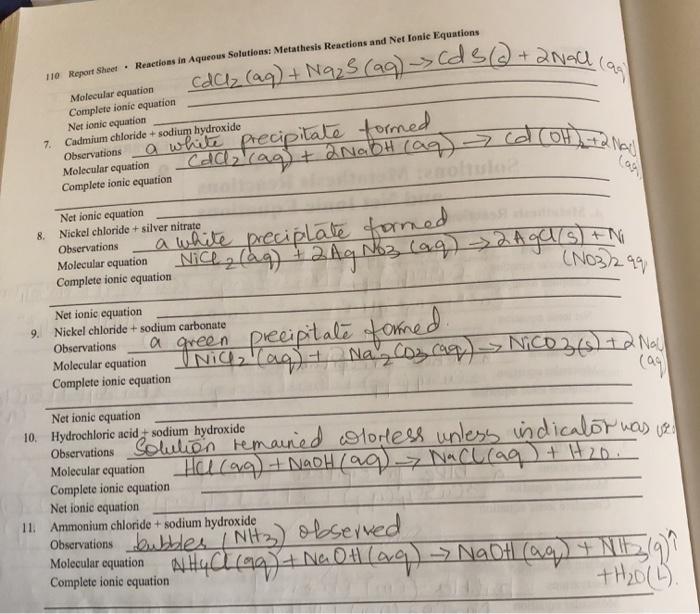 Solved Experiment 9 Report Sheet Reactions In Aqueous Chegg Com