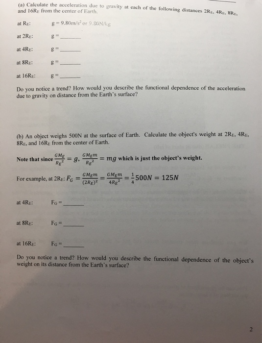 Solved (a) Calculate the acceleration due to gravity at each | Chegg.com