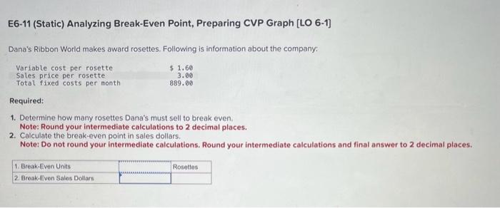 Solved E6 11 Static Analyzing Break Even Point Preparing 8286