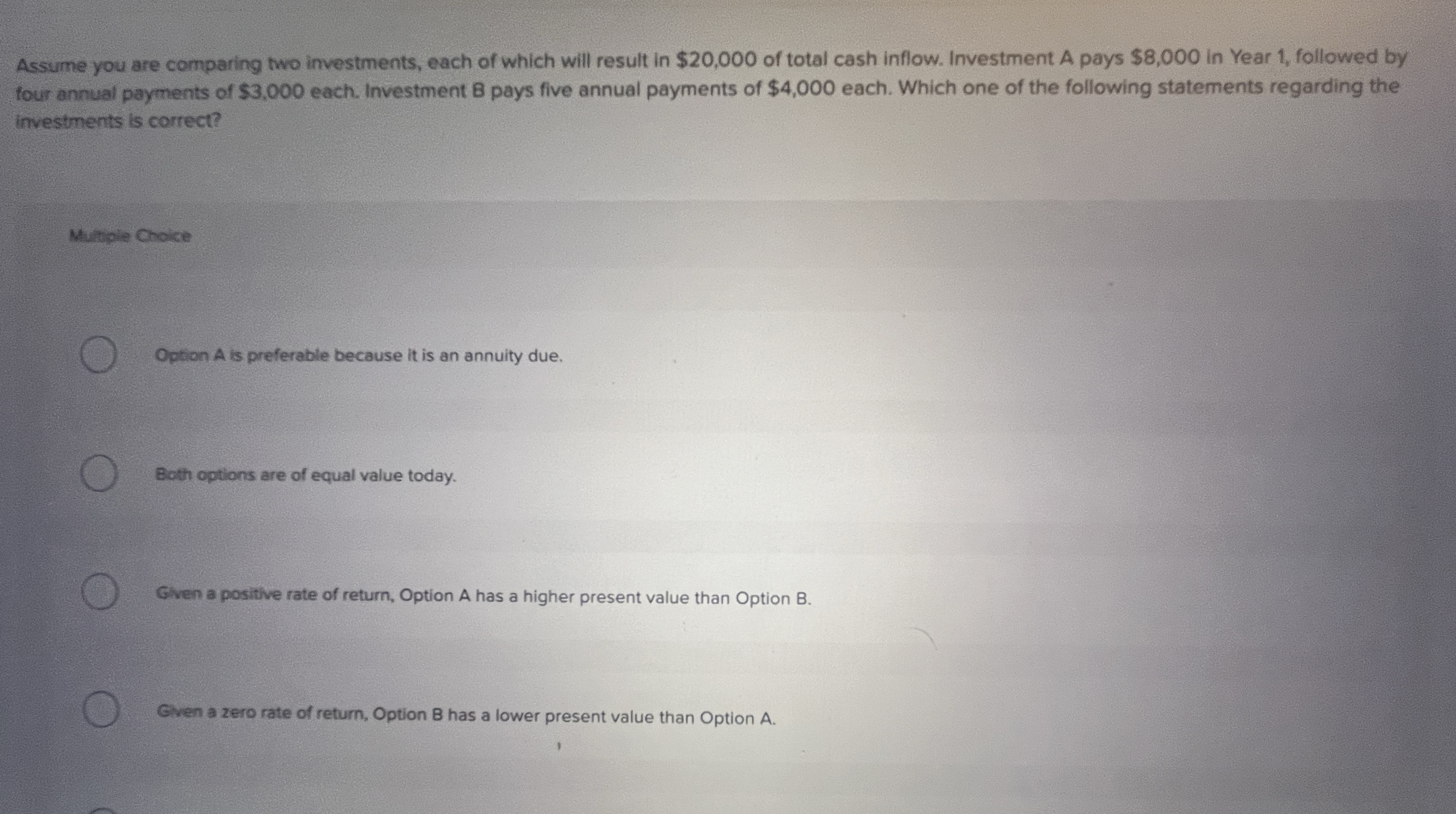 Solved Assume you are comparing two investments, each of | Chegg.com