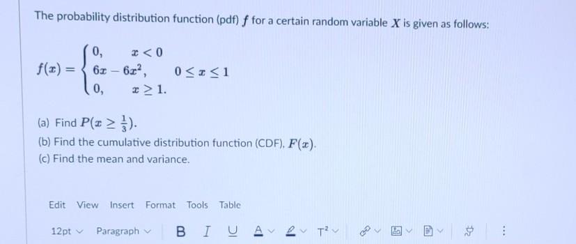 Solved The probability distribution function (pdf) f for a | Chegg.com