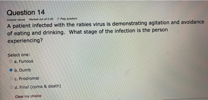 Question 14 Answer saved Marked out of 2.00 Flag question A patient infected with the rabies virus is demonstrating agitation