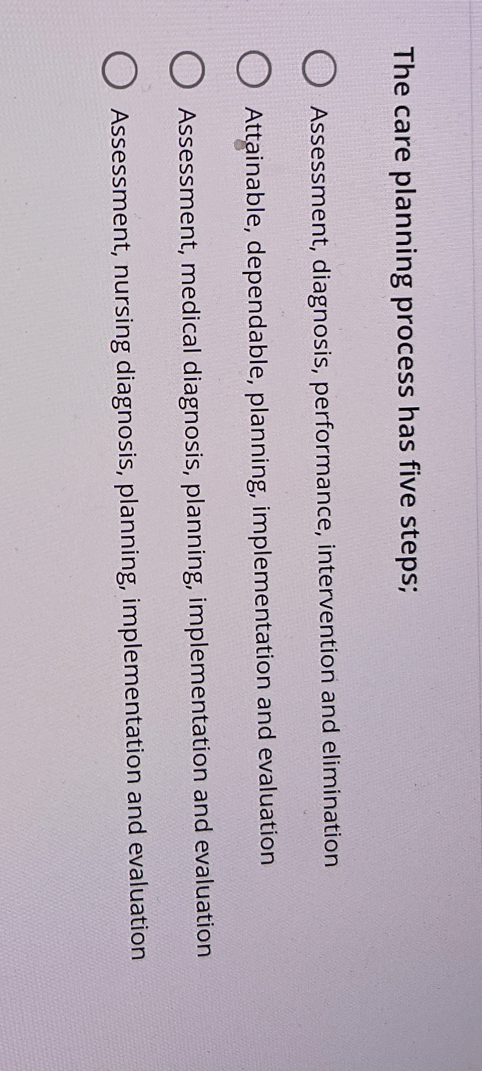 Solved The care planning process has five steps;Assessment, | Chegg.com