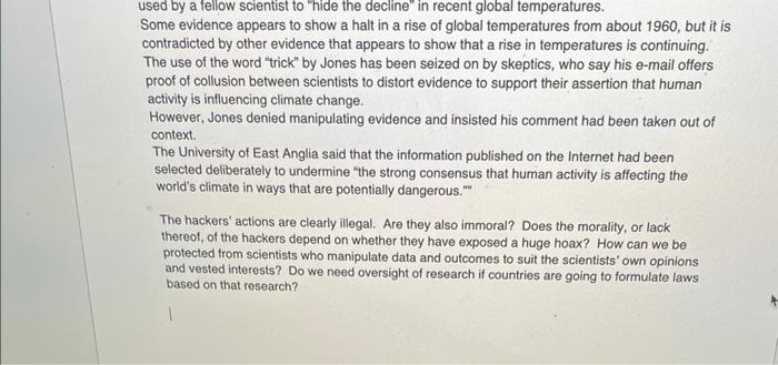 Solved "STOLEN CLIMATE INFO, E-MAILS LAUNCH WARMING DEBATE | Chegg.com
