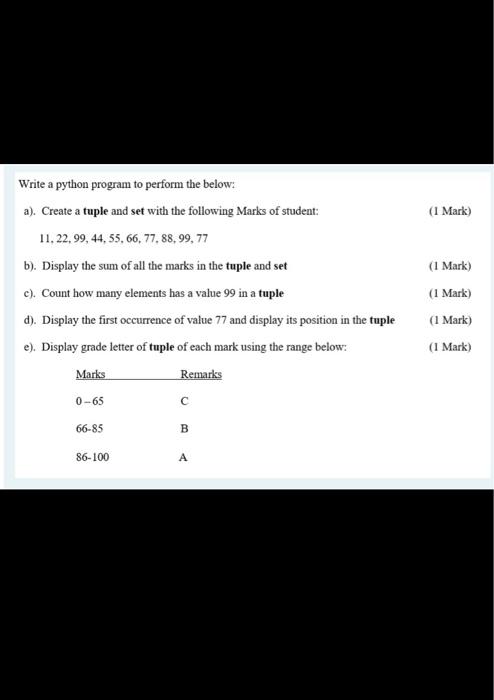 Solved (1 Mark) Write a python program to perform the below: | Chegg.com