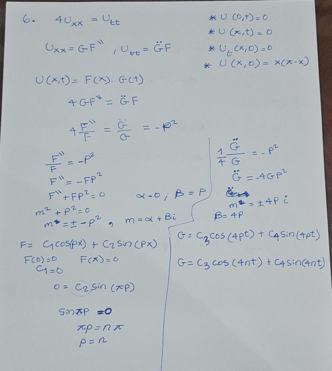 \( \begin{array}{cl}4 U_{x x}=U_{t t} & * U(0, t)=0 \\ U_{x x}=G F^{\prime \prime}, U_{t t}=\ddot{G} F & * U(x, t)=0 \\ U(x, 