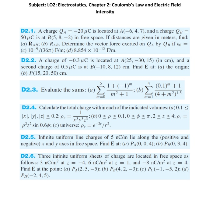 Solved Subject Lo2 Electrostatics Chapter 2 Coulomb S Chegg Com