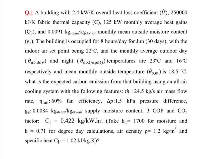 Q 1 A Building With 2 4 Kw K Overall Heat Loss Coe Chegg Com