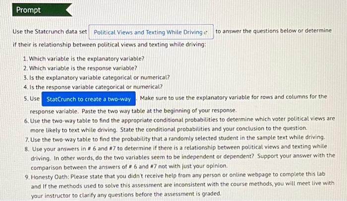 Prompt Use the Statcrunch data set Political Views | Chegg.com