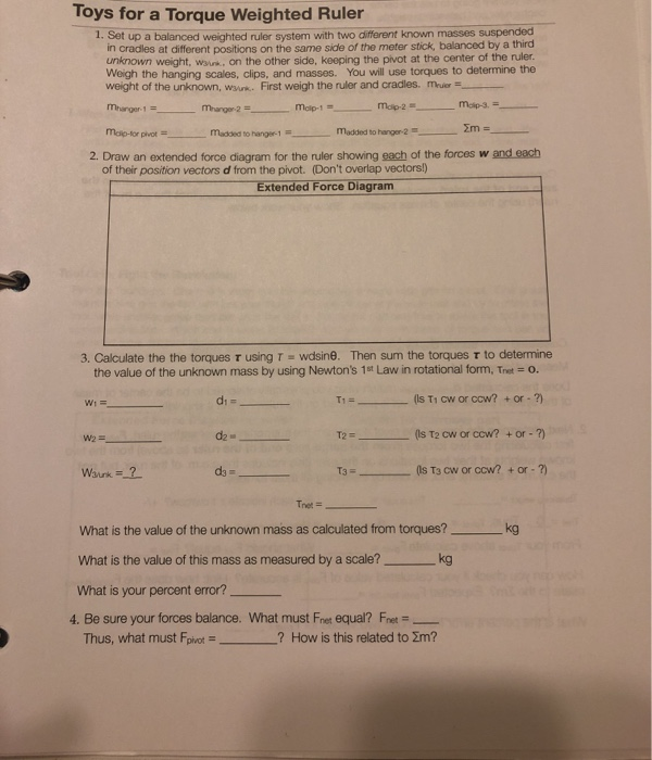 Toys for a Torque Weighted Ruler 1. Set up a balanced | Chegg.com