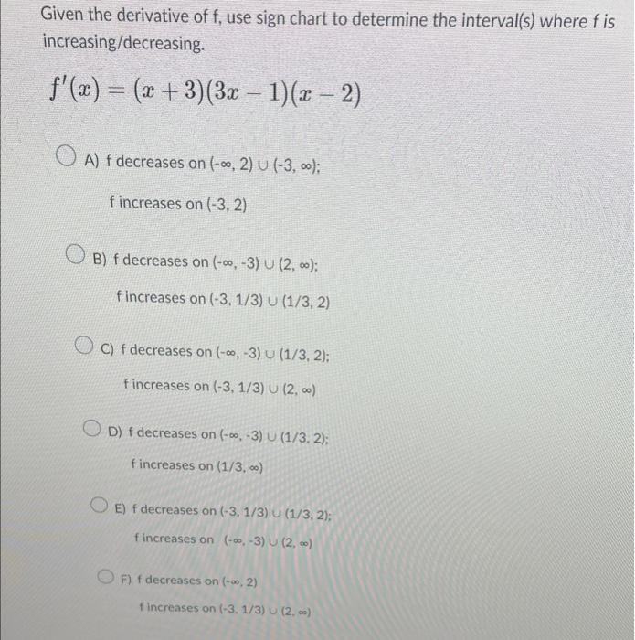 Solved Given the derivative of f, use sign chart to | Chegg.com
