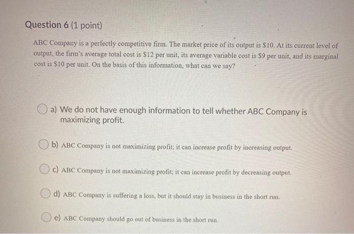 Solved Question 5 (1 point) XYZ Company is a perfectly | Chegg.com