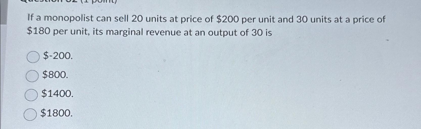 Solved If a monopolist can sell 20 ﻿units at price of $200 | Chegg.com