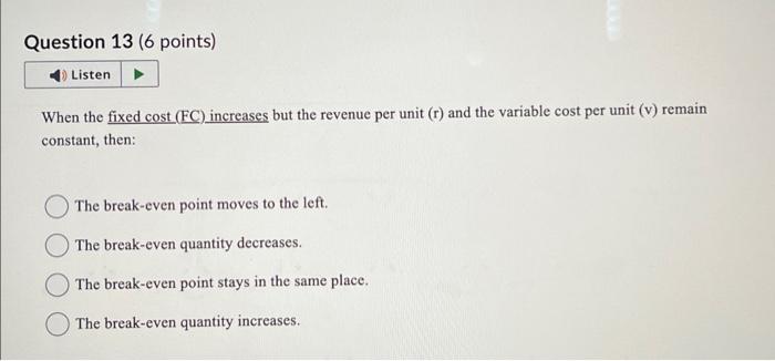 Solved When the fixed cost (FC) increases but the revenue | Chegg.com