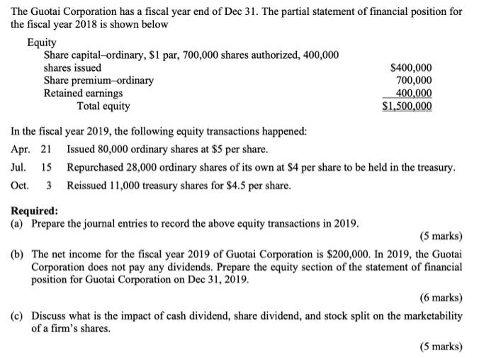 Solved The Guotai Corporation has a fiscal year end of Dec