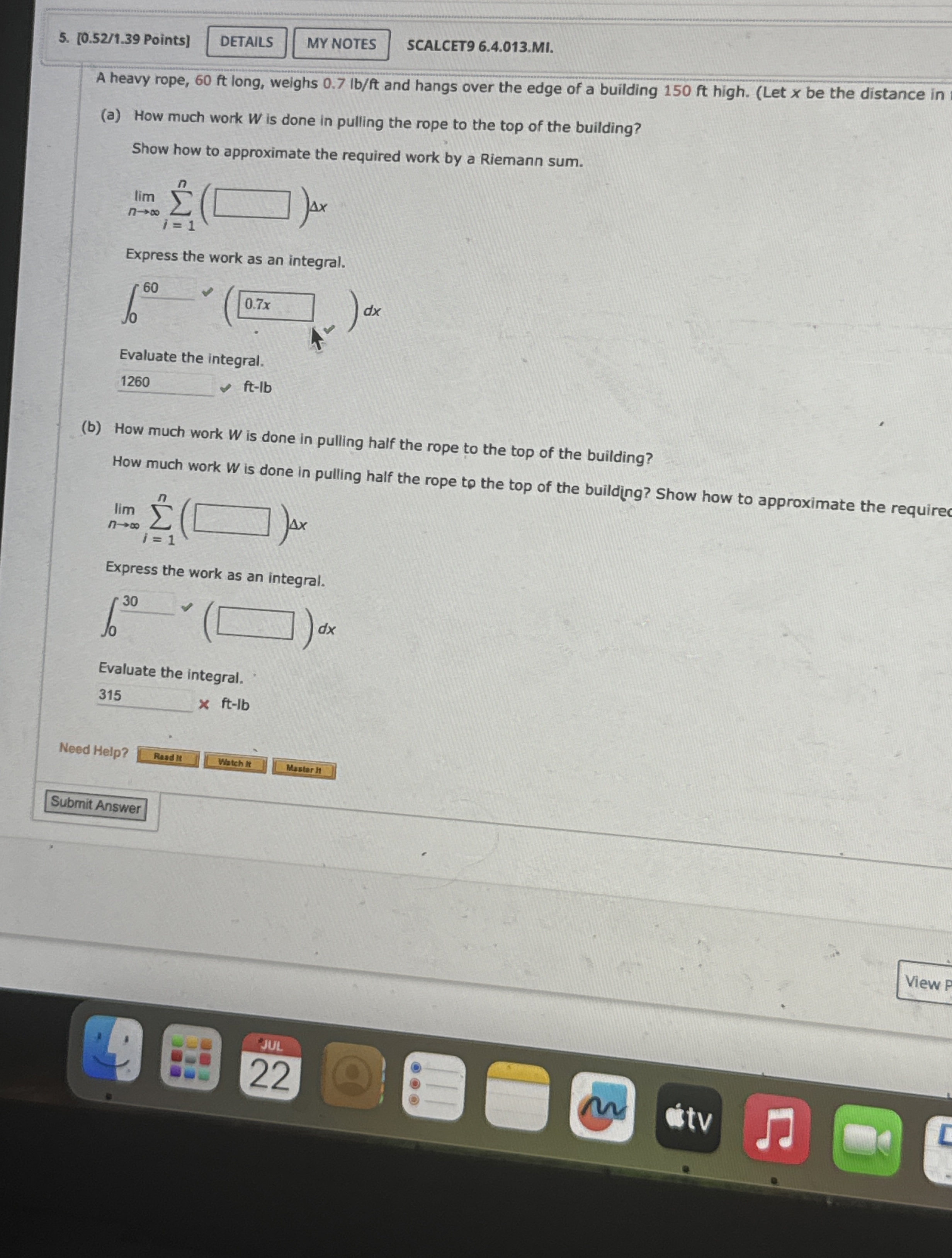 Solved Points]SCALCET9 6.4.013.MI.A heavy rope, 60 ﻿ft long, | Chegg.com