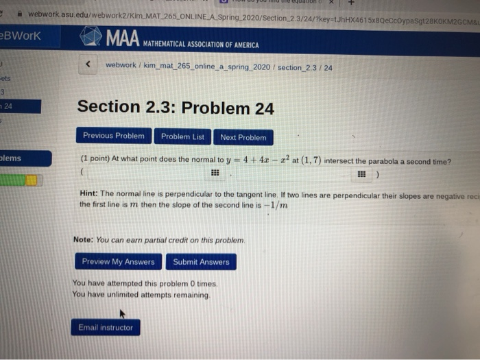 Solved Webwork.asu.edu/webwork/Kim_MAT_265 ONLINE A Spring | Chegg.com