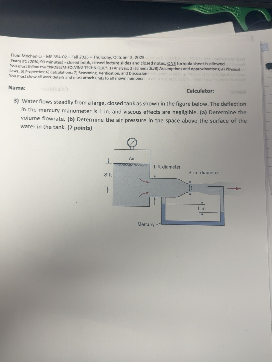 Solved Fluid Mechanics - ME 354-02 - Fall 2025 - Thursday, | Chegg.com