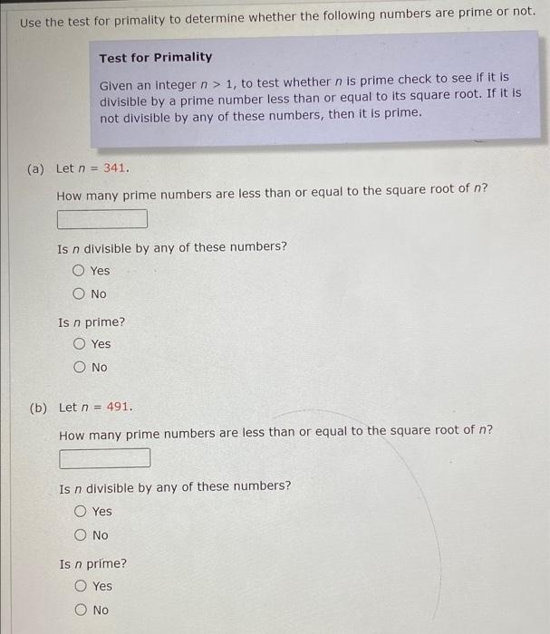 Solved Use the test for primality to determine whether the | Chegg.com