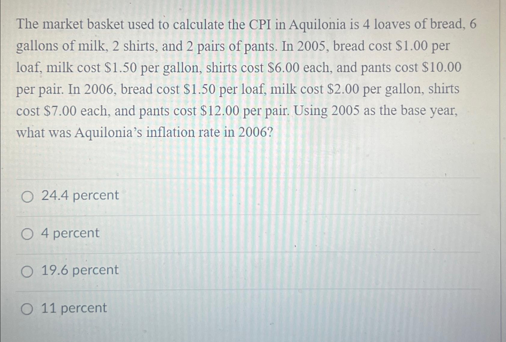 Solved The market basket used to calculate the CPI in