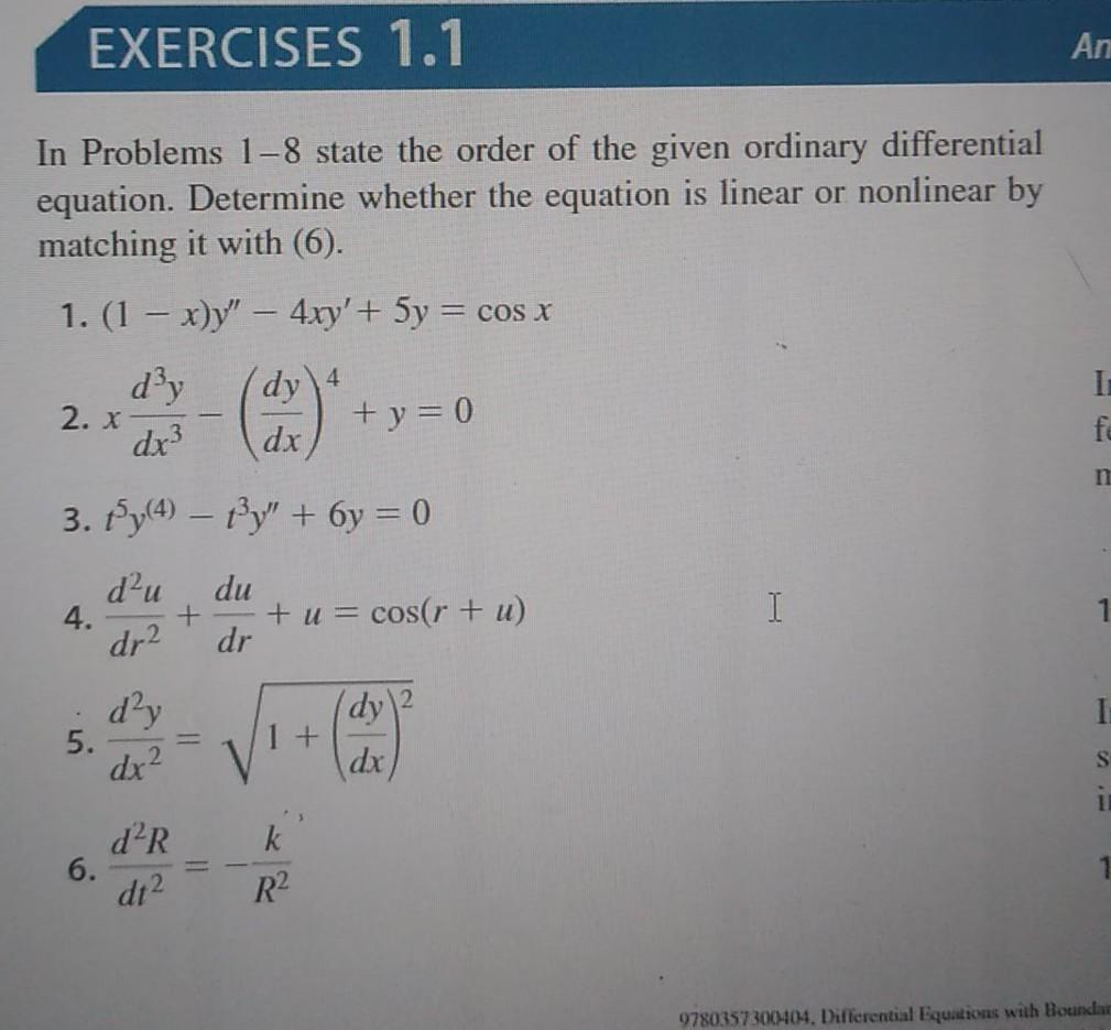 Solved EXERCISES 1.1 An In Problems 1-8 State The Order Of | Chegg.com