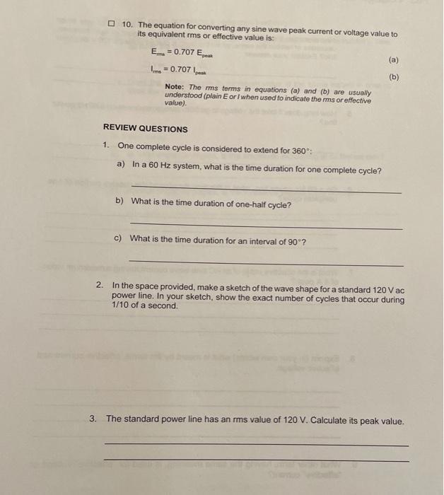Solved 10. The equation for converting any sine wave peak | Chegg.com