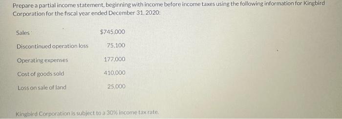 Prepare a partial income statement, beginning with | Chegg.com