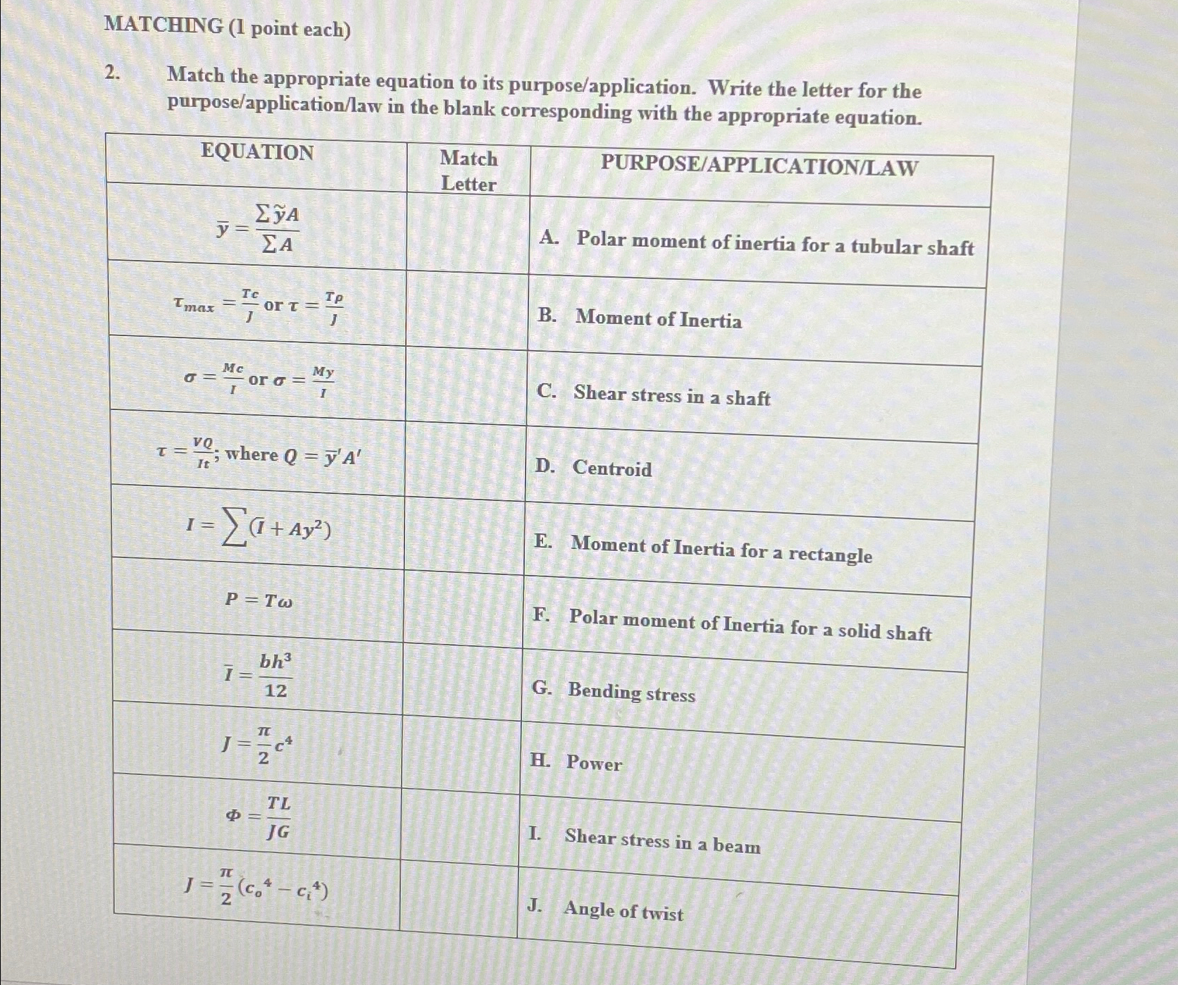 Solved MATCHING (1 ﻿point each)2. ﻿Match the appropriate | Chegg.com