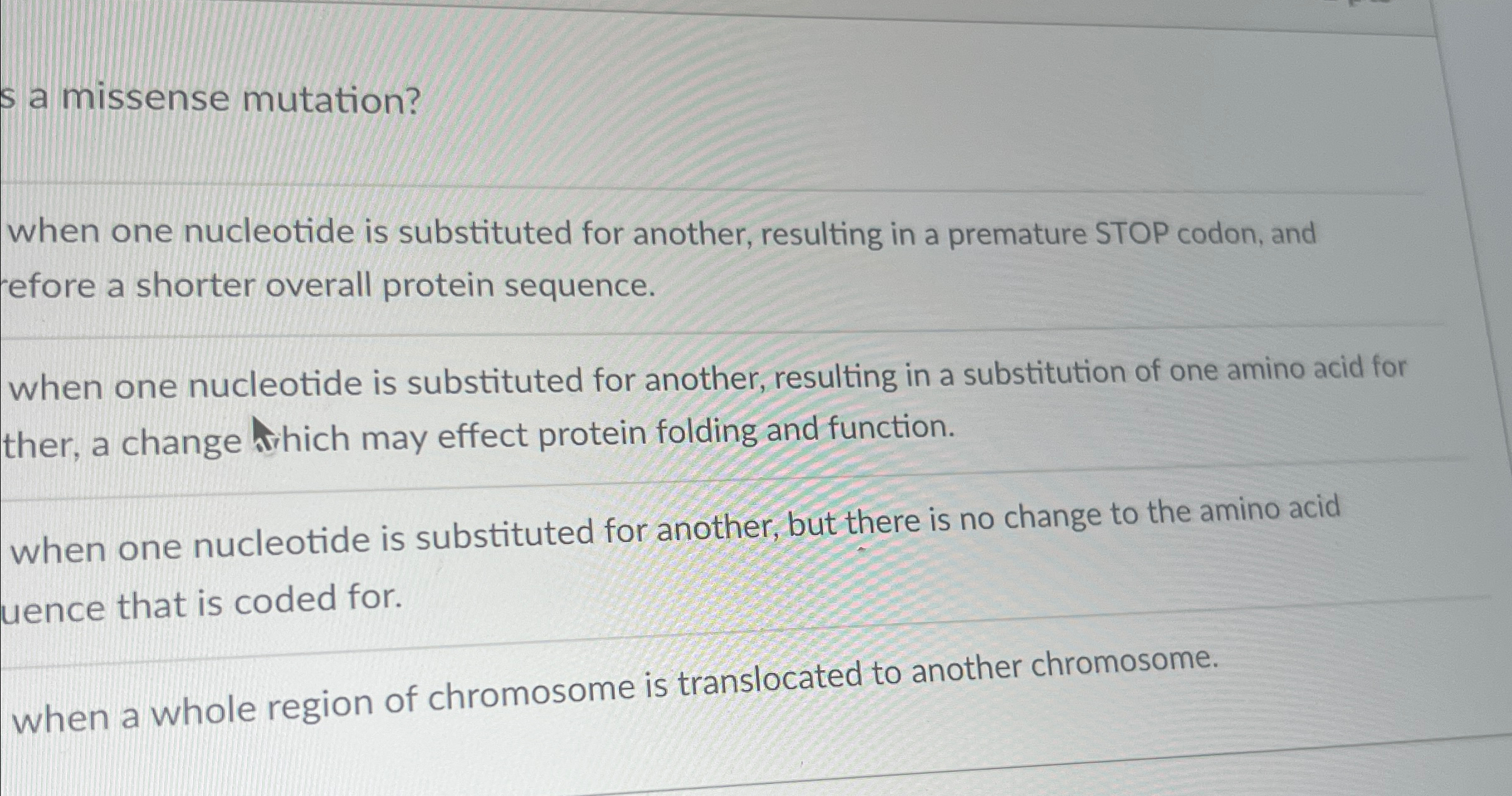 Solved s a missense mutation?when one nucleotide is | Chegg.com