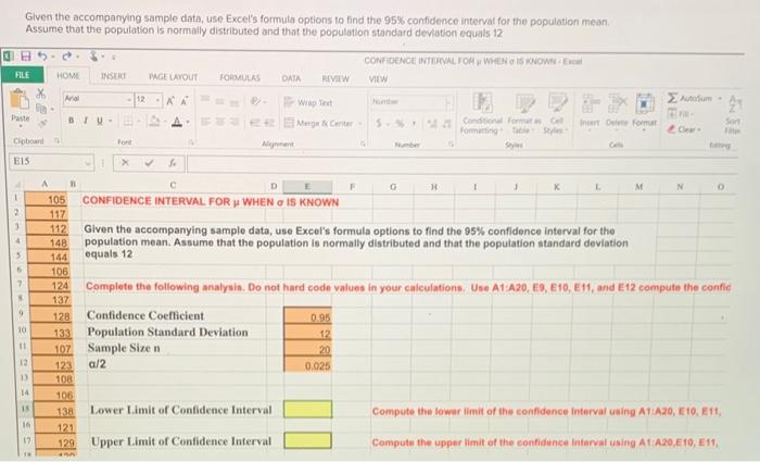 Solved Given the accompanying sample data, use Excel's | Chegg.com